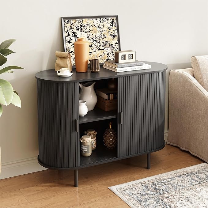 ONBRILL Sideboard Buffet Cabinet with Storage, 40" Storage Cabinet with Sliding Door & Adjustable Shelf, Modern Accent Coffee Bar Console Table for Kitchen, Entryway, Black