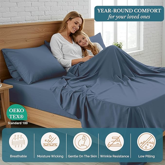 Casa Platino King Sheet Set – 4 Piece Hydro-Brushed Microfiber Bedding, Pre-Washed Ultra Soft Bed Sheets, Deep Pocket Fits up to 15", Cozy Sheets, Cooling Sheet Set for King Bed - Estate Blue