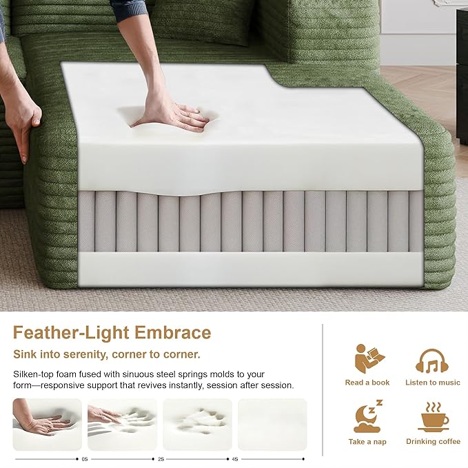 96" Sectional Couches for Living Room Modern Modular Sofa with L-Shape Couchs Upholstered Boneless Couch Deep Seat Sectional Couch with Chaise (Green, 96" Right Facing Chaise+2Seaters)