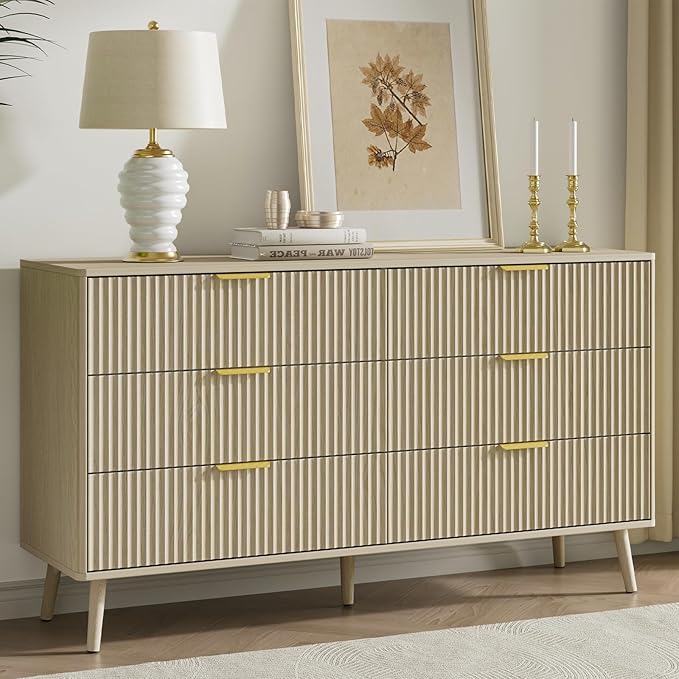 LYNSOM 55" Wide Fluted Dresser for Bedroom with 6 Drawer, Modern Chest of Drawers with Curved Profile Design and Metal Handles, Wood Dresser TV Stand & Storage Organizer for Living Room, Beige