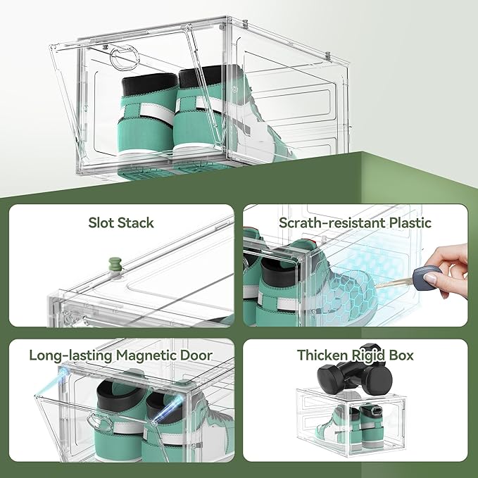 Thicken Hard Clear Shoe Storage Organizer for Closet, 12 Pack Modular Plastic Stackable Shoe Storage Box Organizer, Shoe Sneaker Rack Display Case Containers Bins with Lids, White