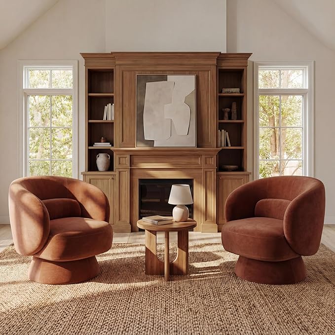Swivel Accent Chair, Modern 360 Degree Swivel Barrel Chair with Arms & Curved Back and Lumbar Support Cushion, Comfy Round Single Sofa for Small Space, Living Room, Bedroom, Dark Rust Rayon