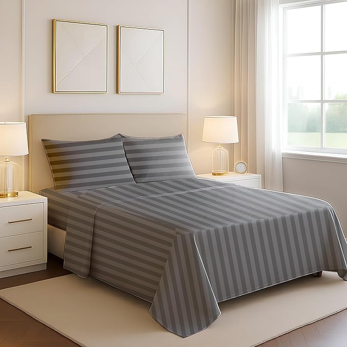 Mayfair Linen 100% Egyptian Cotton Sheets Queen Size - 1200 Thread Count 4 PC Damask Queen Sheet Set Egyptian Cotton, Sateen Luxury Sheet, High Thread Count Sheets, 17" Deep Pocket - Dark Grey Stripe