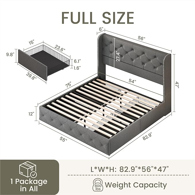 LARMACE Full Size Bed Frame with 4 Storage Drawers and Wingback Headboard Linen Upholstered Platform Bed Frame Tufted Beds with Wooden Slats Support, Easy Assembly, Light Grey