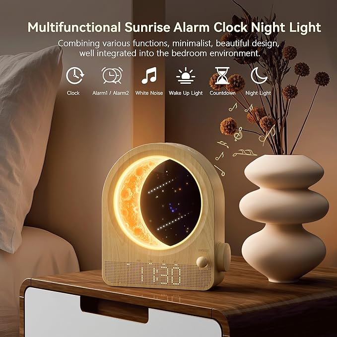Sunrise Alarm Clocks for Bedrooms, Stepless Dimmable Moon Lamp Dual Alarm Clock with 12Levels Volume for Heavy Sleepers, 10 Natural Sounds with 30/60/90mins Timer, Gifts for Women