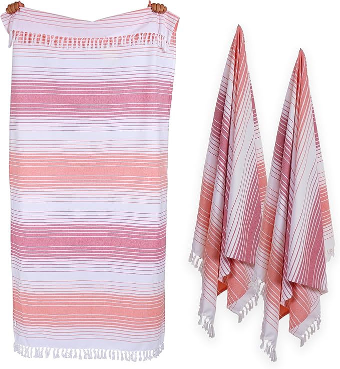 Native Fab 100% Cotton Peshtemal Turkish Bath and Beach Towels Set of 2, Large 40x71 Travel Sarong Gym Pool Spa Towels, Ultra Soft Quick Dry Absorbent Fouta Hammam Peshtemal Towels Red Orange