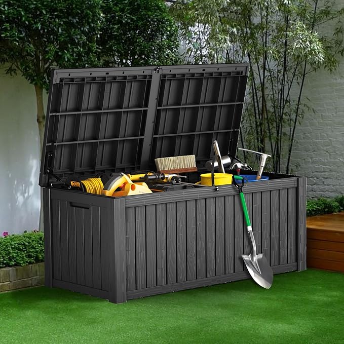 Outdoor Storage Box Waterproof Large, 180 Gallon Lockable Resin Deck Box, Patio Storage Bin for Pool Accessories Cushion Furniture, Garden Tools, UV-Resistant Outside Delivery, Black