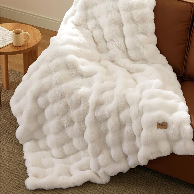 Bedsure GentleSoft Fluffy Fuzzy Throw Blanket, 870GSM Soft Faux Fur Blanket for Couch, Plush Fleece Minky Velvet Winter Bedding for Christmas, Thick Warm Furry Cozy Gifts for Women, Cream, 50"x60"