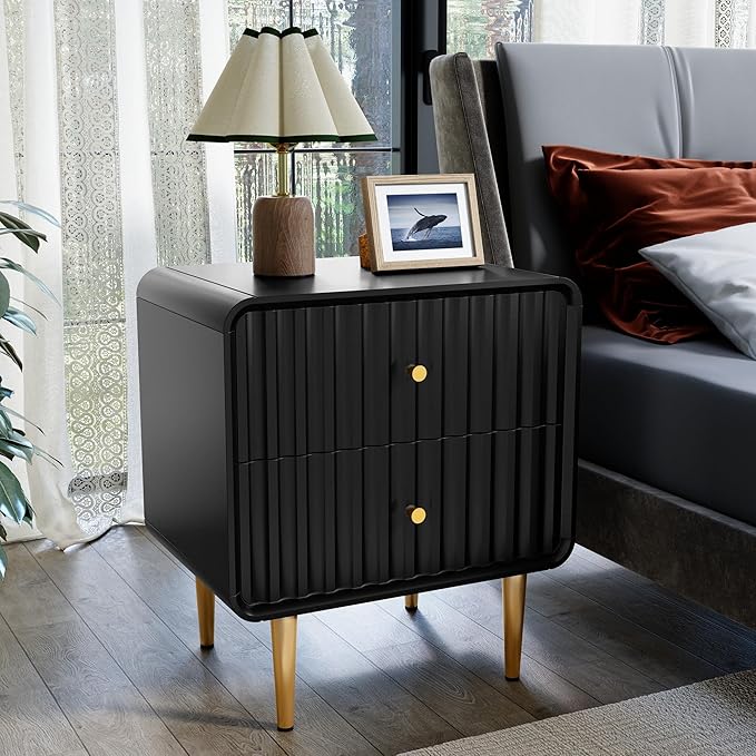 HLR Modern Nightstand Set of 2, Fluted Bed Side Table with 2 Drawers Storage, Wood End Table with Gold Metal Handle, Black Night Stands for Bedroom