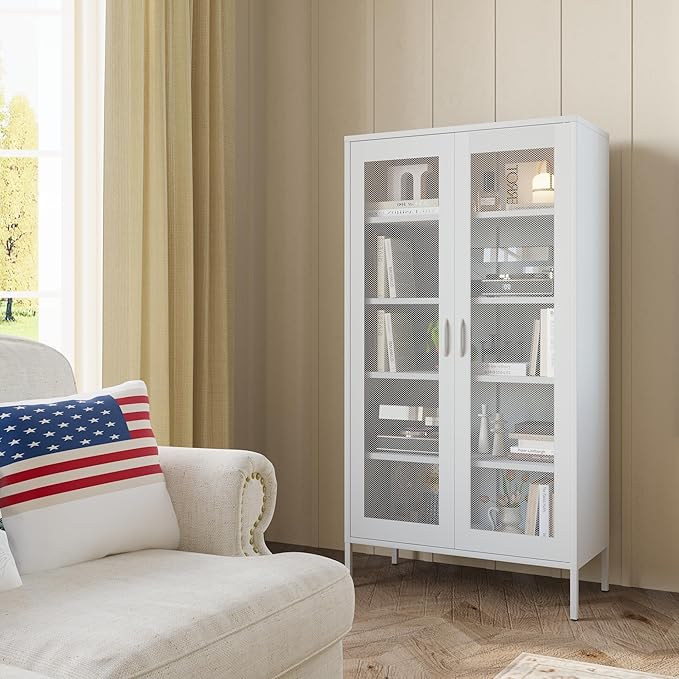 COFaR Modern Mesh Storage Cabinet, Free Standing Tall Pantry, Cupboard Metal Display Cabinet for Living Room, Kitchen, Dining Room