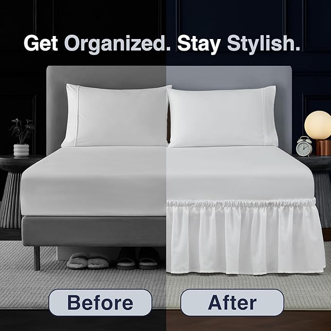 Bed Skirt Queen Bed Skirt Wrap Around Ruffled Box Spring Cover, Easy Install, Washable 15" Drop Elastic Dust Ruffle by Casual Living, 60-inch x 80-inch, White
