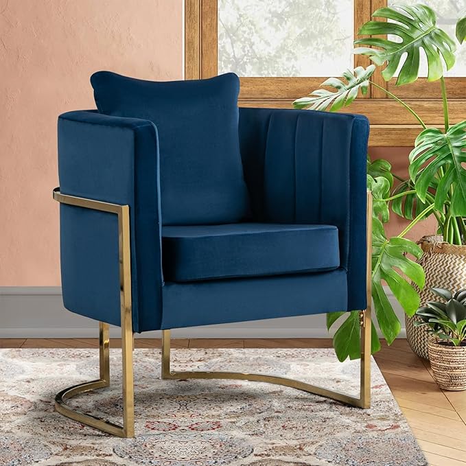 Velvet Modern Accent Chair, Upholstered Barrel Armchair Mid Century with Pillow for Living Room, Comfy Single Vanity Chair with Metal Gold Legs for Bedroom, Blue