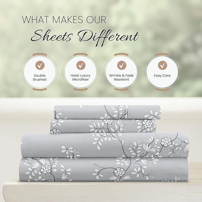 Linen Market Patterned Microfiber King Sheet Set 4 Piece – Oeko-TEX Certified Ultra Soft & Wrinkle-Free - 16" Deep Pocket Sheets - Easy Care King Size - Trellis Vine Light Gray