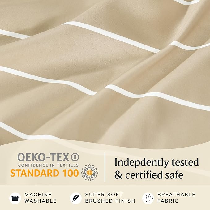 LuxClub 4 PC Queen Sheet Set, Deep Pockets Wrinkle Free Cooling Bed Sheets Hotel Bedding for Women, Men, Includes 1 Fitted Sheet, 1 Flat Sheet and 2 Pillowcases-Striped - Cream