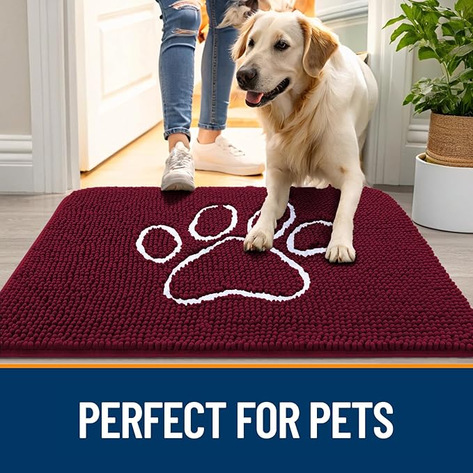 OLANLY Dog Door Mat for Muddy Paws 40x32, Paw Print Design, Absorbs Moisture and Dirt, Absorbent Non-Slip Washable Doormat, Quick Dry Chenille Mud Mat for Dogs, Entry Indoor Entryway Carpet, Burgundy