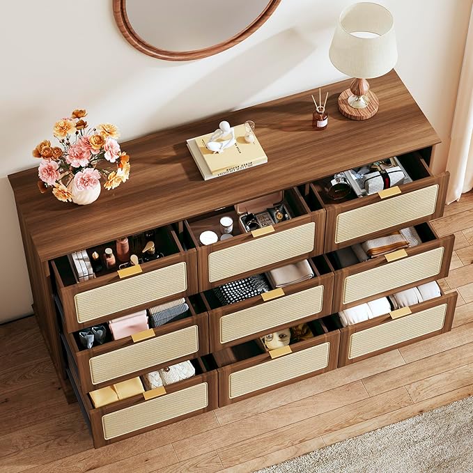 9 Drawer Dresser for Bedroom, 60 Inch Long Dressers & Rattan Chest of Drawers, Boho Style, Large TV Stand for 55, 65, 70 Inch TV, for Bedroom, Living Room, Entryway, Hallway, Walnut