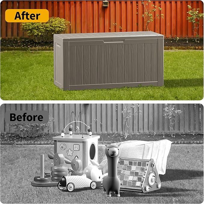 Outdoor Storage Box Waterproof, Lockable Resin 80 Gallon Deck Box Patio Storage Bin for Pool Accessories Cushion Furniture, Garden Tools, UV-Resistant Outside Delivery, Grey