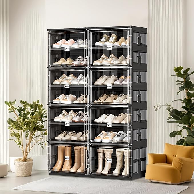 28 Pairs Portable Shoe Storage Cabinent of 3-Step Fast Installation,Plastic Shoe Box with Magnetic Clear Door for Entryway, Enclosed Shoe Rack for Sneaker, Heels etc.. (2Row, 7Tier)