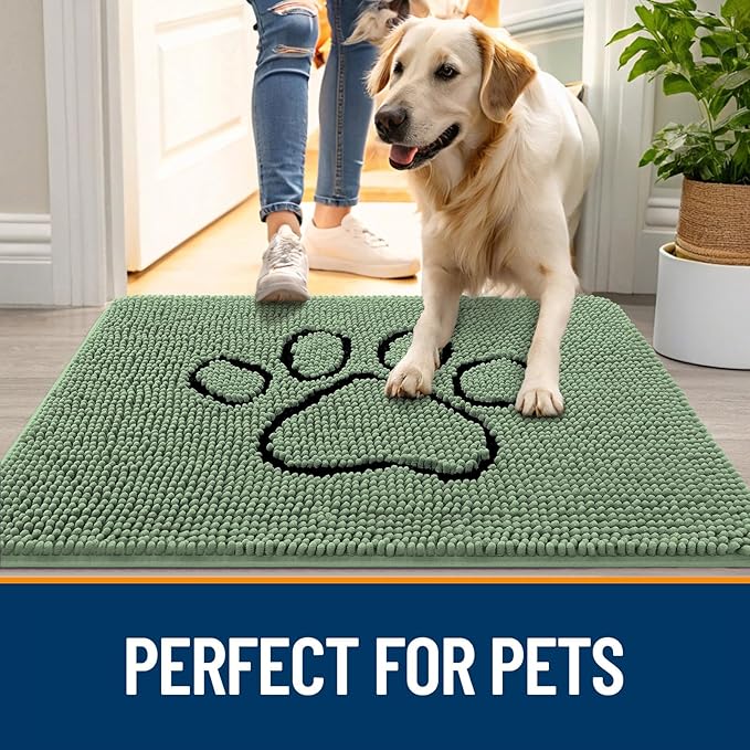 OLANLY Dog Door Mat for Muddy Paws 30x20, Paw Print Design, Absorbs Moisture and Dirt, Absorbent Non-Slip Washable Doormat, Quick Dry Chenille Mud Mat, Entry Indoor Entryway Carpet, Olive Green