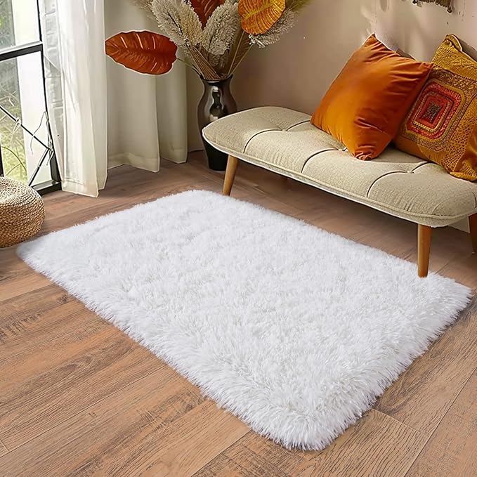 Shaggy Rugs for Bedroom Living Room Dorm Kids Room Decor, Soft Modern Indoor Fluffy Shag Area Rug, Non-Slip Fuzzy Floor Carpet 2x3 Feet, Cute Small Rectangle Plush Rug, White