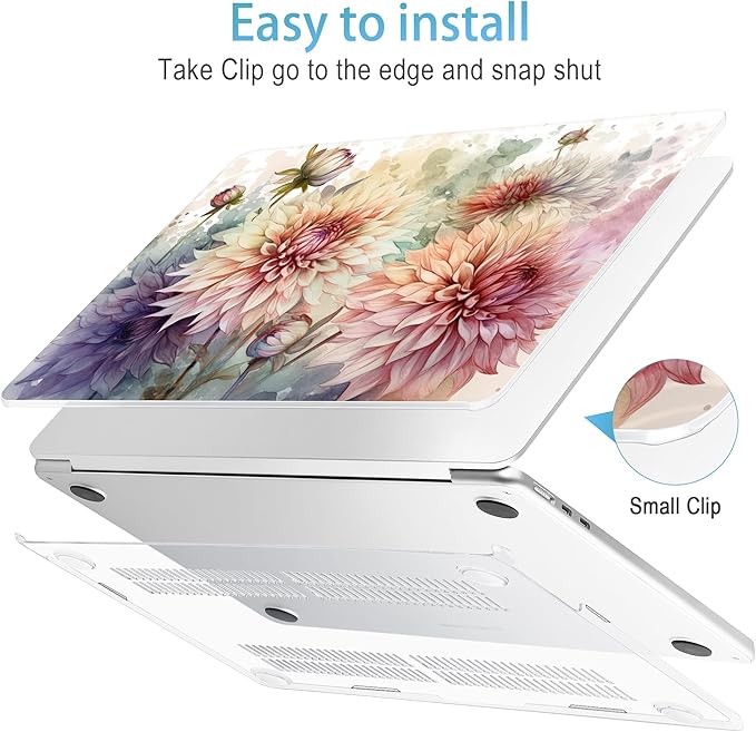 Mektron for 2025 M4 MacBook Air 13.6 Inch A3240 Case Fits 2023 A2681 M2 2024 A3113 M3 Chip with Liquid Retina Display, Printed Plastic Hard Shell Cover for MacBook Air 13.6", Watercolor Dahlias