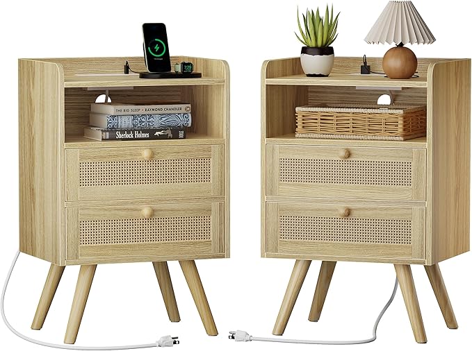 SUPERJARE 2 Drawer Night Stand with Charger Station, Boho Rattan Nightstand Set of 2, 25.2 Inch Tall Bed Side Table with Solid Wood Feet, End Table, Open Storage, Synthetic Rattan, for Dorm, Natural