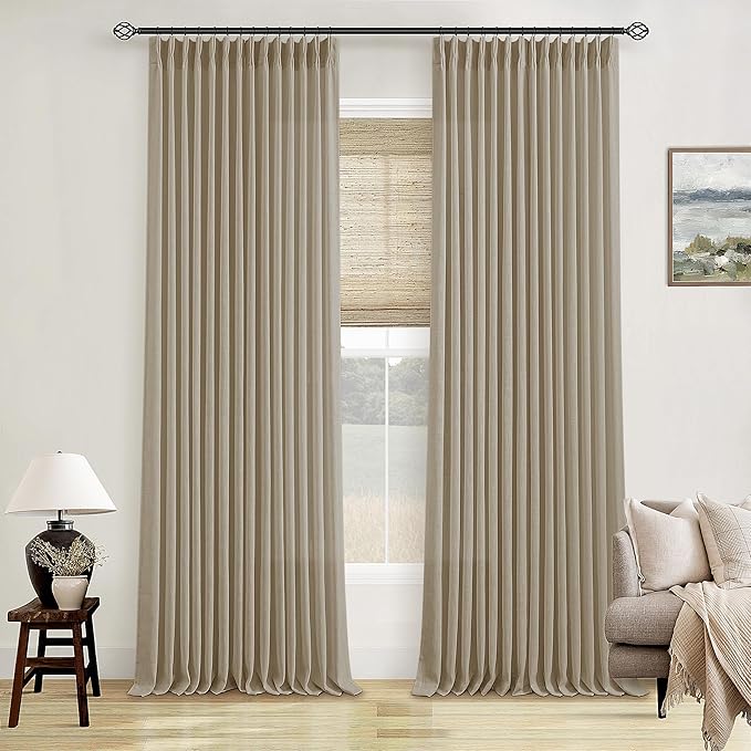 Neutral Pinch Pleated 96 Inch Curtains 2 Panels Set for Windows Flax Linen Textured Drapes Pinch Pleat Back Tab Privacy Light Filtering Greige Curtain Drape with Hooks Rings for Living Room Bedroom
