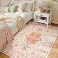 Area Rugs 3'x5' Washable Non-Slip, Floral Vintage Distress Print Pattern Medallion Carpet for Living Room Bedroom Dining Room, Light Pink Colorful
