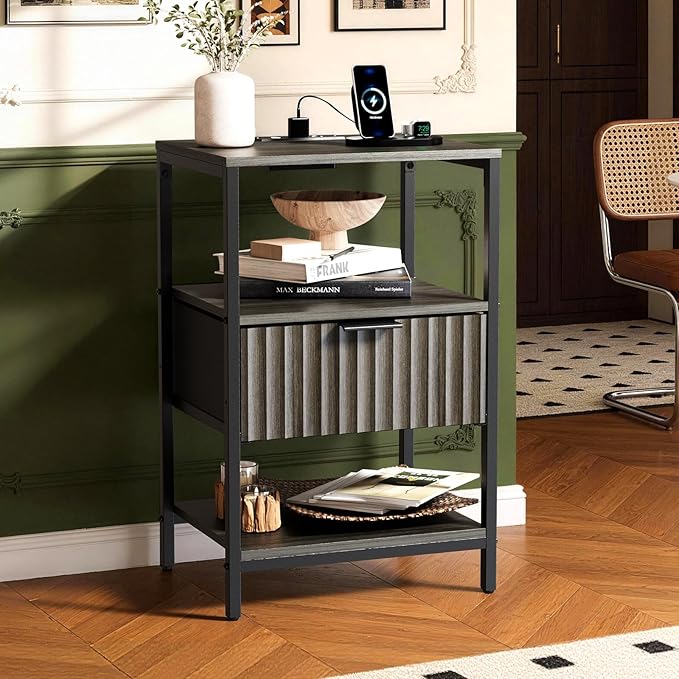 VINGLI Grey Night Stand with Charging Station, Fluted Nightstand Gray with Fabric Drawer, Bed Side Table/End Table for Bedroom, Dorm, 14.96" W*11.81" D*23.7" H