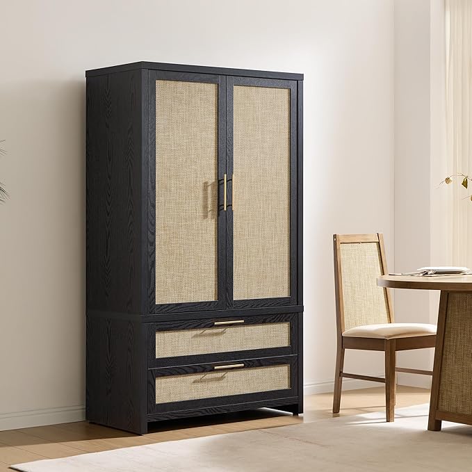 SICOTAS Rattan Armoire Wardrobe Closet Cabinet, 71" Wardrobe Storage Cabinet with Doors, 2 Drawers and Hanging Rod, Boho Large-Capacity Deep Armoire Clothes Organizer for Bedroom, Black Oak