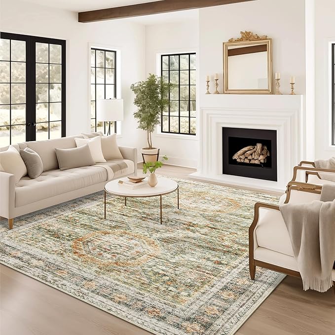 5x7 Area Rugs Green Orange Low Pile Indoor Washable Trendy Faded Style Rugs for Bedroom Living Room Dining Room Foldable Non-Slip Thin Print Mat