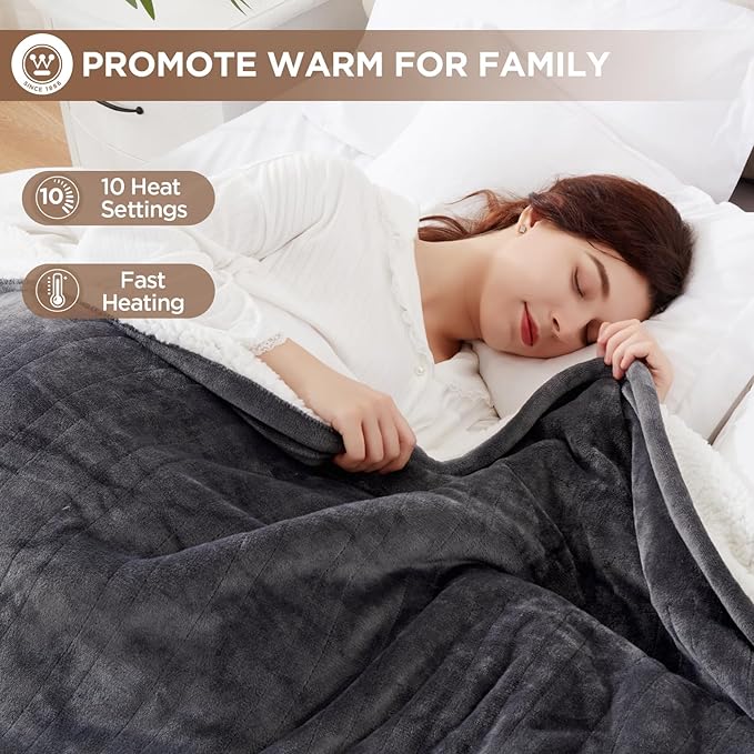 Westinghouse Heated Blanket Full Size, Soft Flannel to Sherpa Electric Blanket with 10 Heating Levels, 1-12 Hours Auto Shut Off, Fast Heating Warming Blanket, Machine Washable, 72x84 Inch, Charcoal