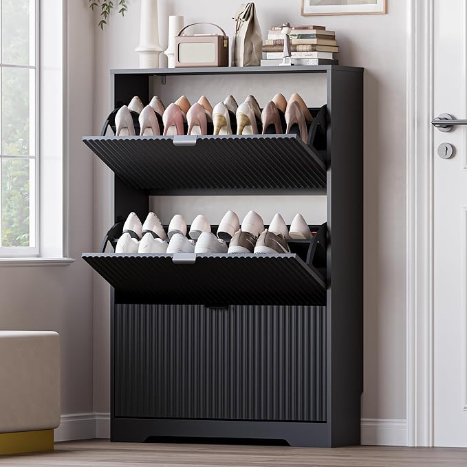Entryway Shoe Cabinet with 3 Flip Drawers, Narrow Shoe Organizer Cabinet with Fluted Panel and Adjustable Shelves for Foyer, Hallway