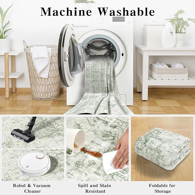 6x9 Vintage Washable Area Rugs Boho Medallion Large Distressed Retro Accent Carpet Floral Non-Slip Soft Low Pile Indoor Throw Rug for Living Room Bedroom Dining Room Office Kitchen, Green