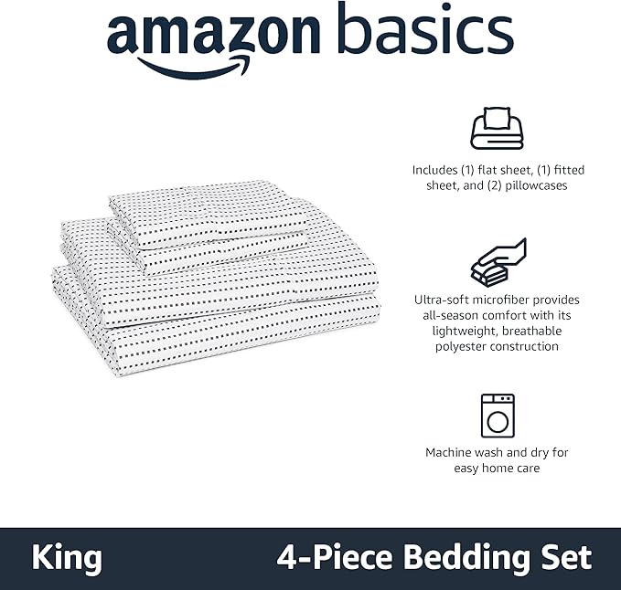 Amazon Basics Lightweight Microfiber 4-Piece Bed Sheet Set, Plum, Printed, King