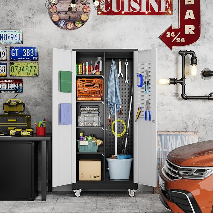 Garage Storage Cabinet with Wheels, Broom Closet Storage Cabinet with Pegboards and Adjustable Shelves, Metal Tool Cabinet with Lockable Door for Garage Home, Black and White
