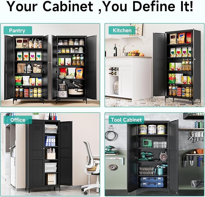 SISESOL Metal Storage Cabinet with Doors and Shelves,Black Storage Cabinet with Leg,Metal Pantry Cabinets,Ventilated Pantry Closet,Tall Large Cupboard for Home,Kitchen,Dining/Living/Laundry Room
