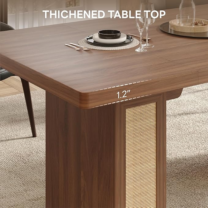 LIKIMIO 78.7" Farmhouse Dining Table for 6-8 People, Extra Thick Wood Top with 2 Hidden Adjustable Storage Drawers, Modern Woven Rattan Table for Dining Room, Kitchen, Living Room, Vintage Brown