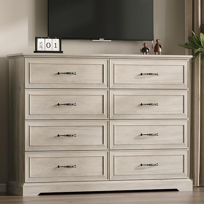 Farmhouse 8 Drawers Dresser for Bedroom, 54" Wide Modern Chest of Drawers with Deep Drawers & Bar Handles, Rustic Wood Dresser TV Stand, Wooden Closet Storage Organizer for Living Room, Hallway, Grey