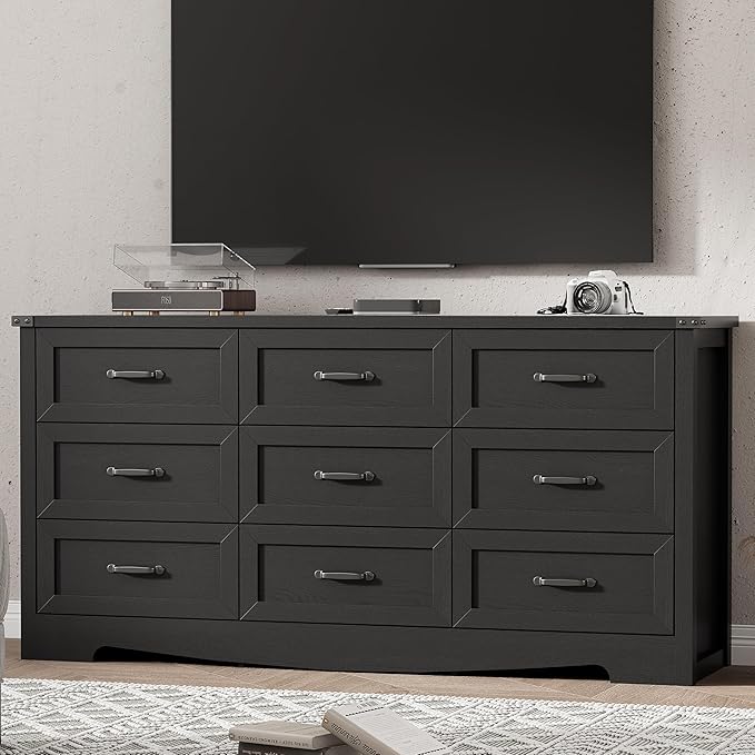 Dresser for Bedroom with 9 Drawers, 63" Wide Wood Chest of Drawers with Deep Drawers & Mental Handle, Modern Dresser TV Stand, Wooden Closet Storage Organizer for Living Room, Hallway, Entryway, Black