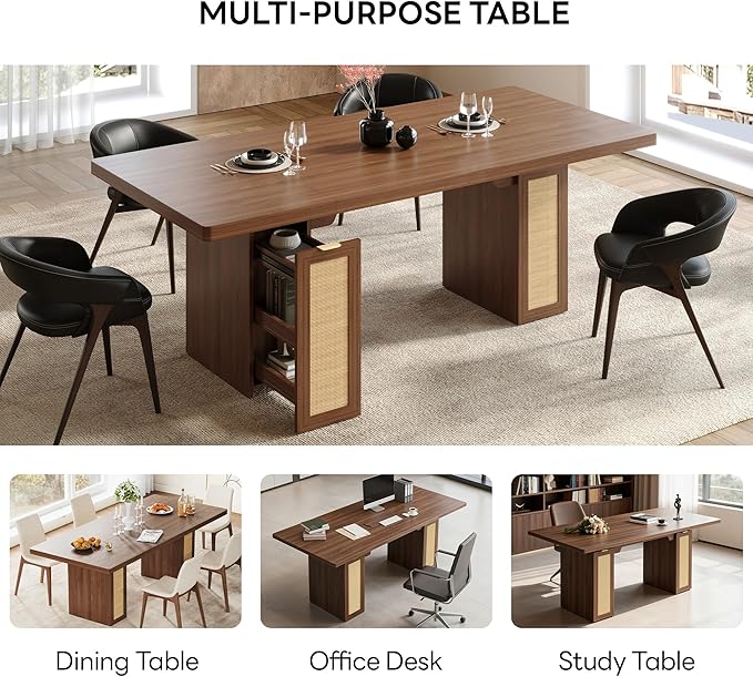 LIKIMIO 78.7" Farmhouse Dining Table for 6-8 People, Extra Thick Wood Top with 2 Hidden Adjustable Storage Drawers, Modern Woven Rattan Table for Dining Room, Kitchen, Living Room, Vintage Brown