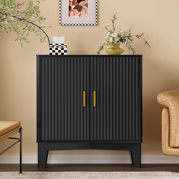 Storage Cabinet with Doors and Adjustable Shelf, Modern Fluted Sideboard Buffet Cabinet, Freestanding Coffee Bar for Kitchen, Pantry, Entryway, Living Room (Black)