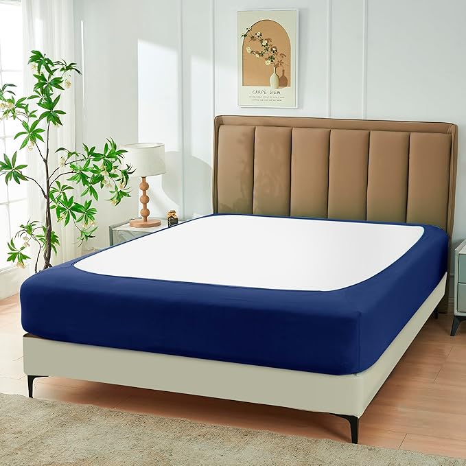 Biscaynebay Decorative Box Spring Cover King & Cal King Size, Navy Luxurious Jersey Knitting Stretchy Wrap Around 4 Sides Bed Skirt for Home/Hotels, Easy Fit Wrinkle & Fade Free Machine Washable