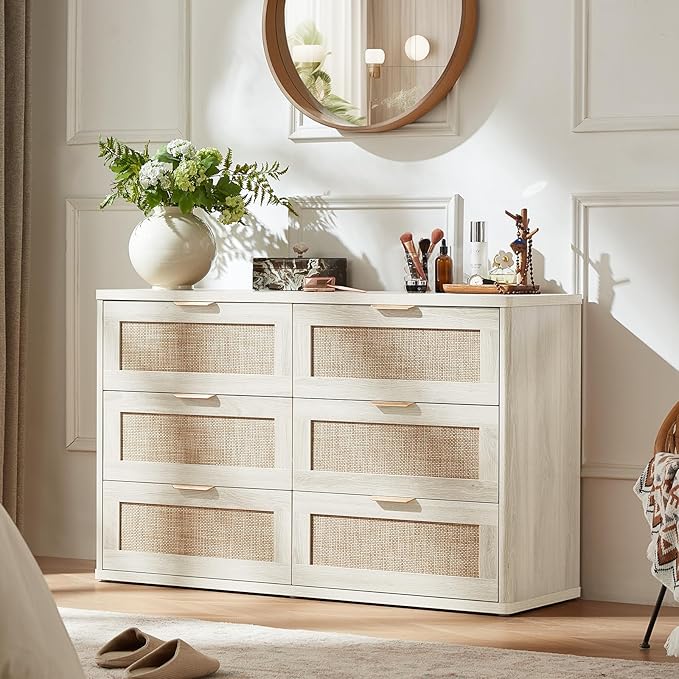 LEYAOYAO Rattan Dresser and Nightstand Sets 3, Boho Wood Dresser for Bedroom with 6 Drawers and Night Stand with 3 Drawer, Bedroom Furniture, Dressers & Chests of Drawers, Living Room, Hallway
