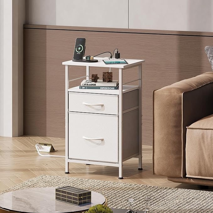 WLIVE Night Stand Set 2, White Nightstand with Charging Station, Nightstands for Bedroom Set of 2, Bedside Tables, Side Table with 2 Fabric Drawers, Small Dresser with USB Ports and Outlets