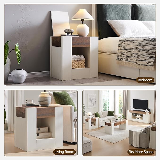 OKD 24'' Modern Nightstands Set of 2, Large Wooden End Table with Charging Station & Drawer & Storage Shelf, Rustic Square Bedside Table for Bedroom, Living Room, Wood Thick Design,Antique White