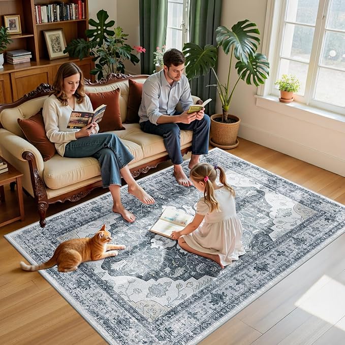 Area Rugs 5'x7' Washable Non-Slip, Floral Vintage Distress Print Pattern Medallion Carpet for Living Room Bedroom Dining Room, Light Gray Grey White