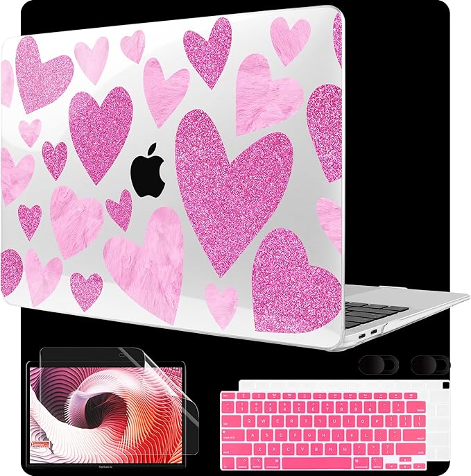 MEEgoodo for MacBook Air 13 inch Case 2021 2020 2019 2018 Released A2337 M1 A2179 A1932 with Touch ID, Plastic Hard Shell & Keyboard Cover Compatible with MacBook Air Case 13.3,Glitter Hearts