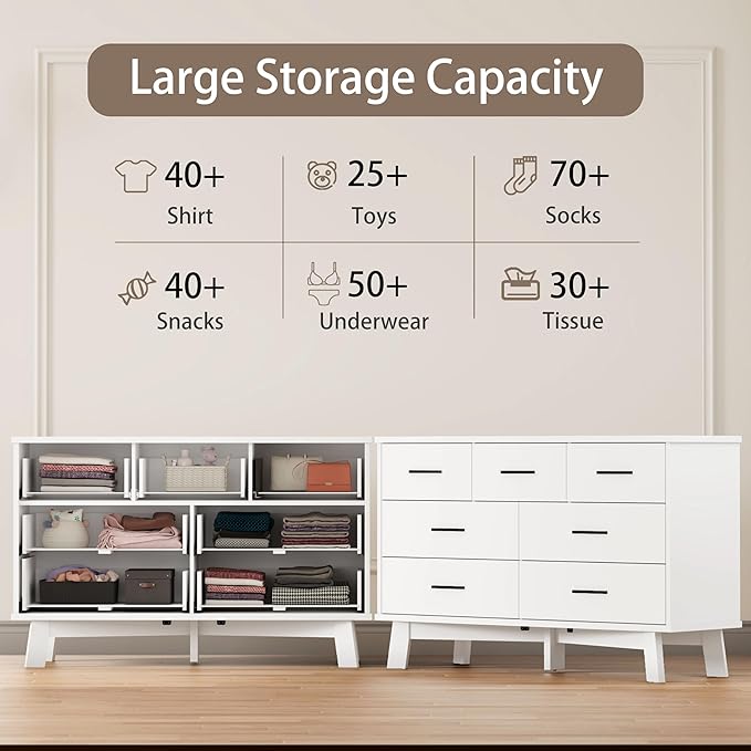Dresser for Bedroom with 7 Drawer, Wood Modern Chest of Drawers with X-Shaped Sturdy Base, Wide Double Dresser Closet Clothes Storage Organizer, Wooden TV Stand for Living Room, Hallway, White
