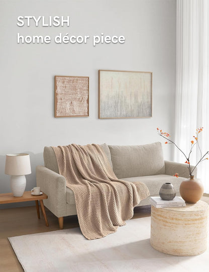 YnM Chunky Cotton Knit Throw Blanket, Cable Knit Throws for Bed Couch Sofa, Comfy & Relaxing, Decorative Piece for Farmhouse Modern Boho Rustic Scandinavian Chic Vibe, Beige 40x50 Inches